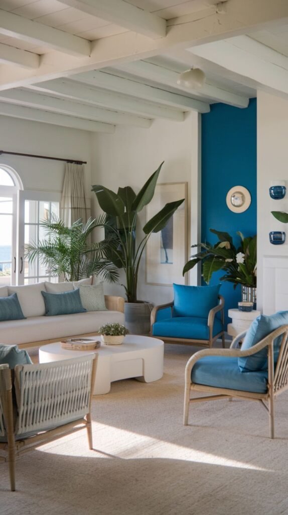 A vibrant, coastal and refined living room with a white sofa, two bright blue armchairs, a large white coffee table, and several lush green plants, highlighted by a bold blue accent wall.