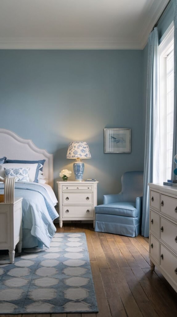A serene, coastal and refined bedroom with a white upholstered headboard, blue bedding, a blue armchair, a nightstand with a patterned lamp, a framed picture, and a blue and white patterned rug on wooden floors.