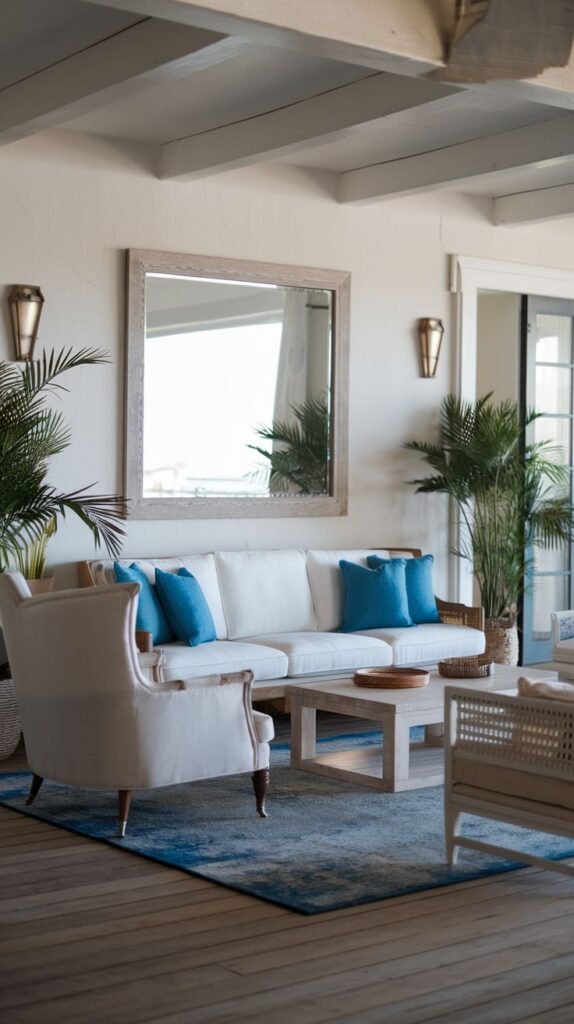 A stylish, coastal and refined living room with a white sofa adorned with teal pillows, a large wooden-framed mirror, wooden armchairs, and several tall potted plants, all set on a dark wooden floor with a blue rug.