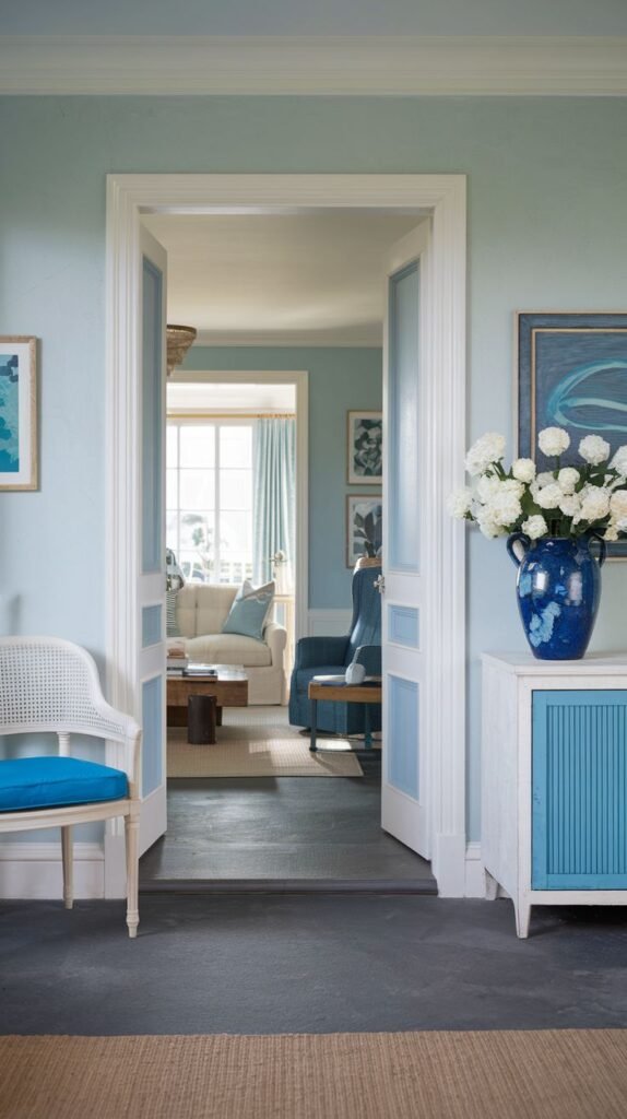 A view through a coastal and refined doorway, revealing a living room beyond, with a white and blue accent cabinet, a white wicker chair with a blue cushion, and walls painted in a calming light blue.