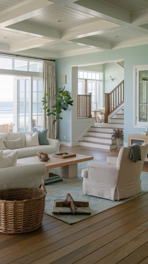 A spacious, coastal and refined living room featuring a white sofa and armchairs, a rustic wooden coffee table, a large potted plant, a prominent staircase, and large windows with an ocean view.