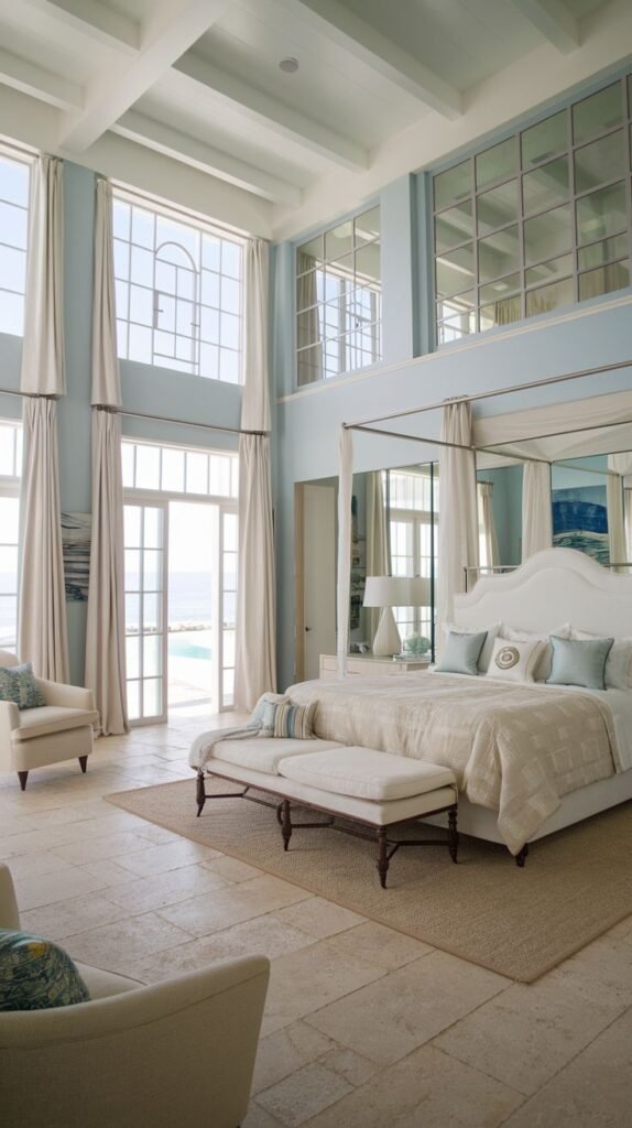 A spacious, coastal and refined bedroom with a large white four-poster bed, a matching long bench at its foot, two light-colored armchairs, and expansive tall windows offering an ocean view, complemented by light blue walls and a coffered ceiling.