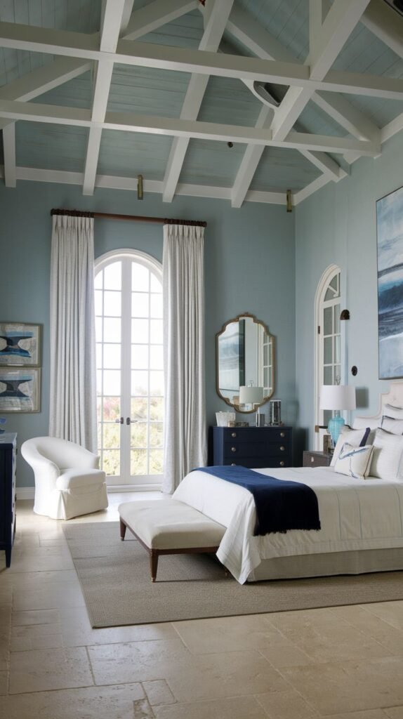 A sophisticated, coastal and refined bedroom with a bed featuring a white headboard and blue bedding, a white chaise lounge, a dark blue dresser with a mirror above it, and an arched window, all under a distinctive light blue coffered ceiling.