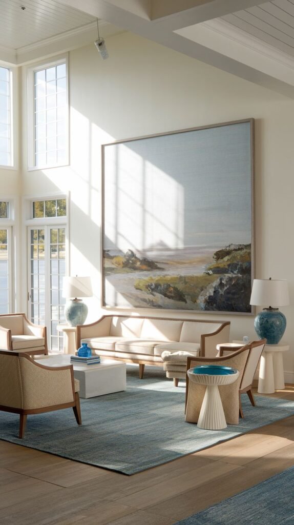 A wide shot of a bright, coastal and refined living room, showcasing a sofa, several armchairs, a large landscape painting on the wall, and tall windows that allow plenty of natural light.