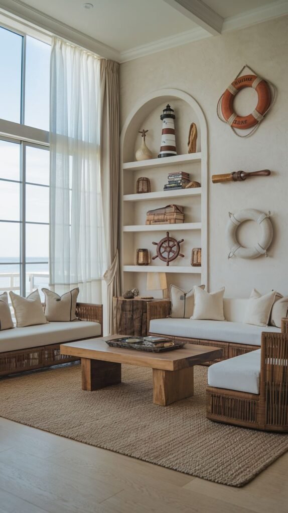 A uniquely decorated, coastal and refined living room with two natural-toned sofas, a wooden coffee table, an arched built-in shelving unit filled with nautical decor, and wall decorations including a lighthouse and life preservers.
