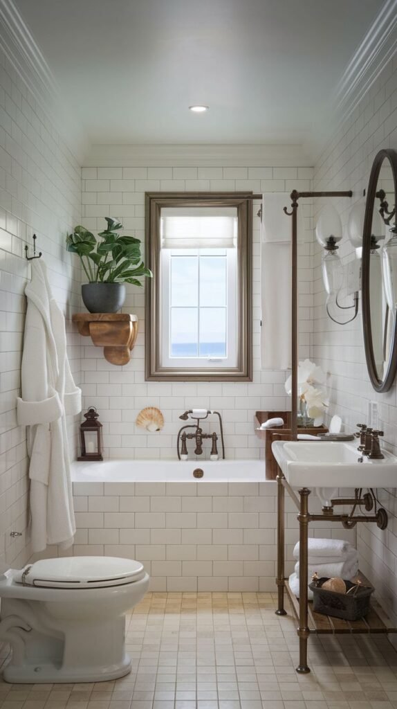 A compact, coastal and refined bathroom featuring white subway tiles, a built-in bathtub, a pedestal sink, a toilet, and a window offering a glimpse of the ocean, decorated with a robe and a potted plant.
