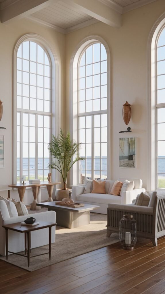 A grand and airy, coastal and refined living room with white sofas and armchairs, a coffee table, a large potted palm tree, and multiple tall arched windows providing extensive ocean views.