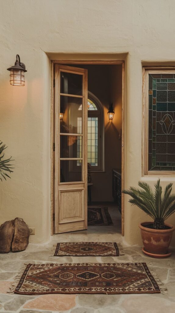 A coastal and refined outdoor entryway with an open light-colored wooden door, two patterned rugs on a stone patio, a potted palm tree, and rustic wall lights.