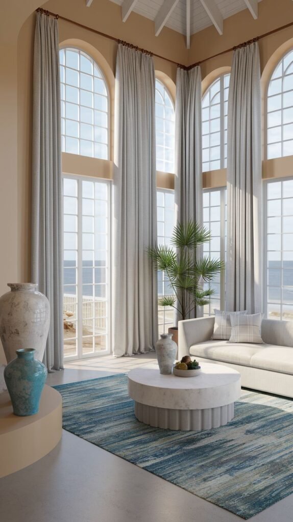 A light-filled, coastal and refined living room with a white sofa, a round fluted coffee table, a blue and white striped rug, and tall arched windows offering panoramic ocean views.