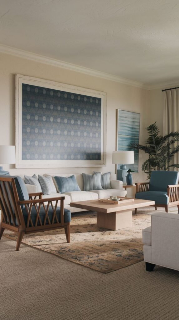 A cozy, coastal and refined living room with a white sofa, blue armchairs, a wooden coffee table, a large framed artwork with a blue geometric pattern on the wall, and a patterned rug.