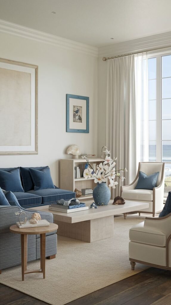 A beautifully appointed, coastal and refined living room with a blue sofa, white armchairs, a light-colored coffee table with a vase of white flowers, a small bookshelf, and a window revealing a distant ocean view.