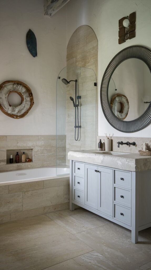 A coastal and refined bathroom showcasing a white freestanding bathtub integrated into a tiled alcove with a glass shower screen, a light grey vanity with a stone countertop and dark fixtures, and a large round textured mirror above it.
