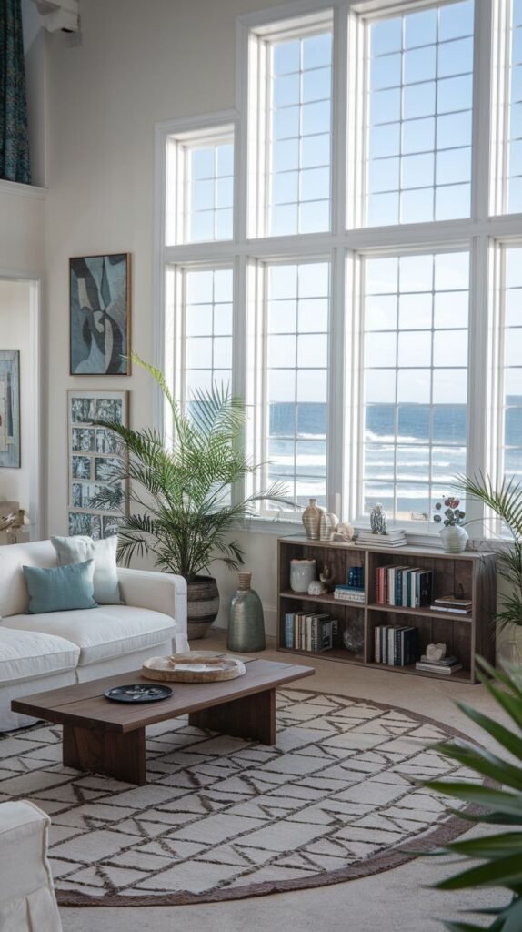 A spacious, coastal and refined living room with a white sofa, a dark wooden coffee table, a round patterned rug, a wooden bookshelf, and very large grid-paned windows showcasing a vast ocean view.