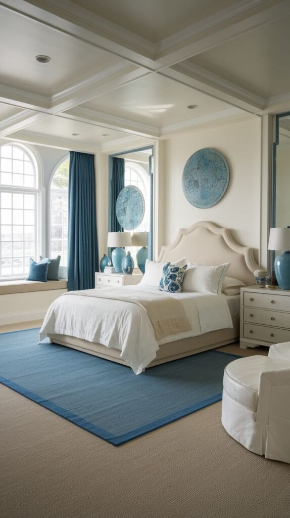 A coastal and refined bedroom featuring a cream-colored upholstered bed with blue and white bedding, a large blue area rug, elegant arched windows with a built-in window seat, and matching blue decorative accents on the nightstands.