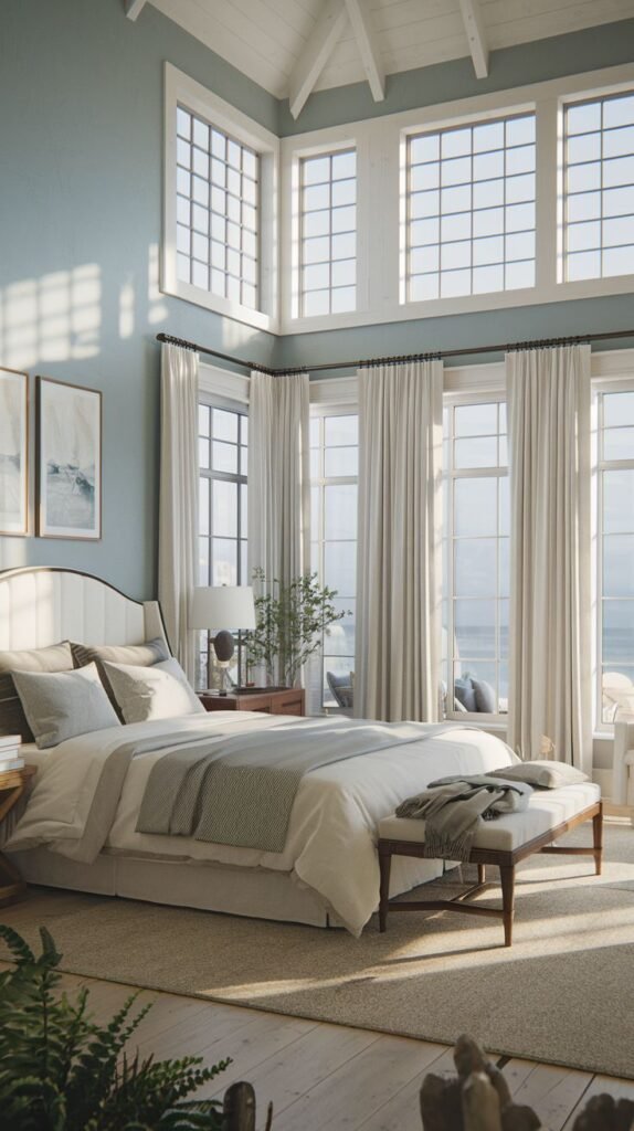 A coastal and refined bedroom with a large bed facing floor-to-ceiling windows that offer an ocean view, a white padded bench at the foot of the bed, a tall potted plant, and a high vaulted ceiling with exposed white beams.