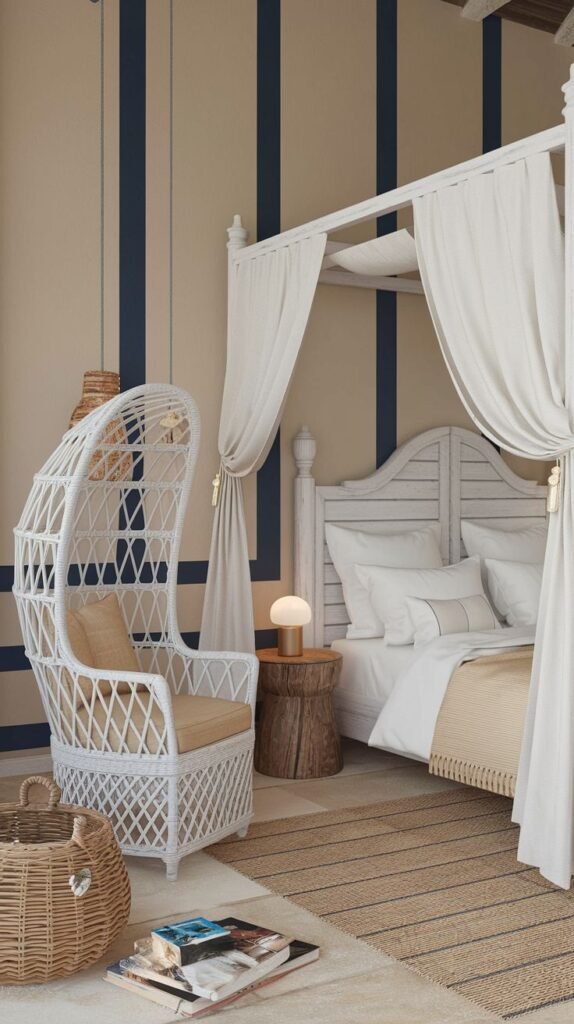 A coastal and refined bedroom featuring a white four-poster canopy bed, a striking wall with tan and dark blue vertical stripes, a unique white wicker egg-shaped chair, and a woven rug on the floor.