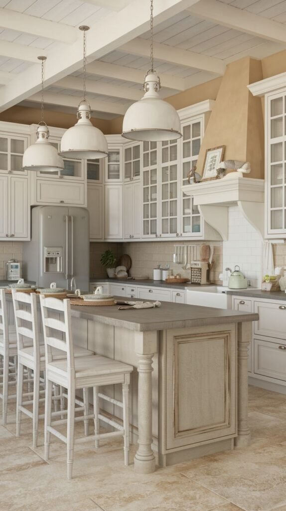 A bright, coastal and refined kitchen with numerous white glass-front cabinets, a central island with a wooden countertop and three white bar stools, and three large white industrial-style pendant lights hanging above.