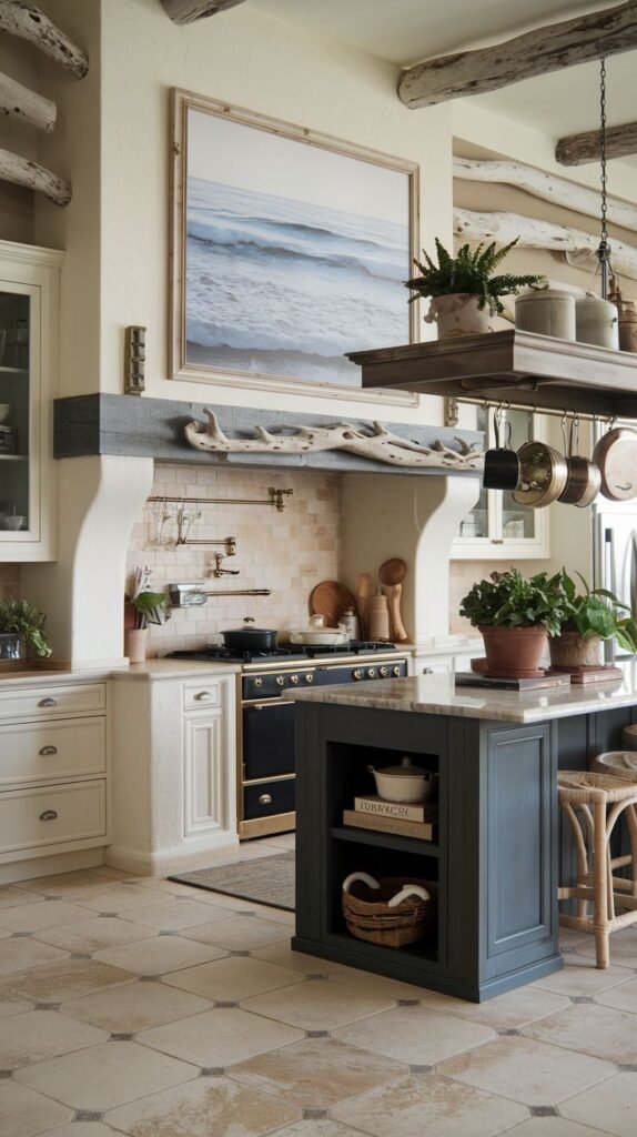 A coastal and refined kitchen with cream-colored cabinetry and a dark blue central island, featuring a large framed ocean-themed artwork above the stove area, and exposed wooden beams on the ceiling.