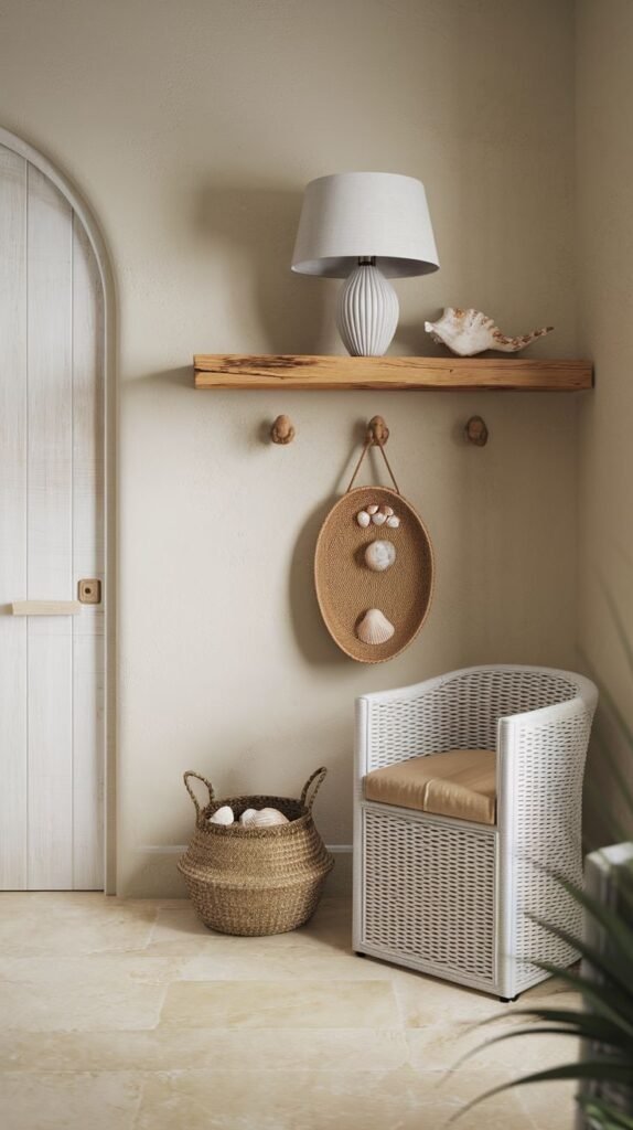 A welcoming, coastal and refined corner of a room with a light wooden shelf, a white table lamp, a large seashell, a hanging woven basket adorned with smaller seashells, a white wicker chair with a tan cushion, and an arched doorway.