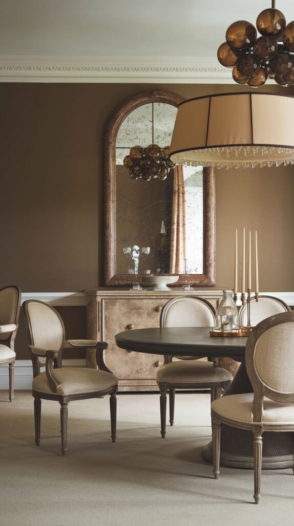 A refined french dining room featuring a large round wooden table surrounded by upholstered chairs, an ornate antique mirror above a matching console table, and a distinctive cluster chandelier illuminating the space.