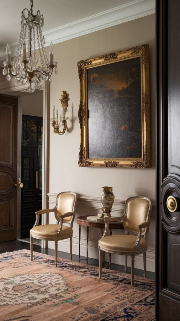 A refined french entryway or hall area featuring a stunning crystal chandelier, two elegant gold-upholstered armchairs, a small round occasional table, and a large, dark framed painting on the wall.