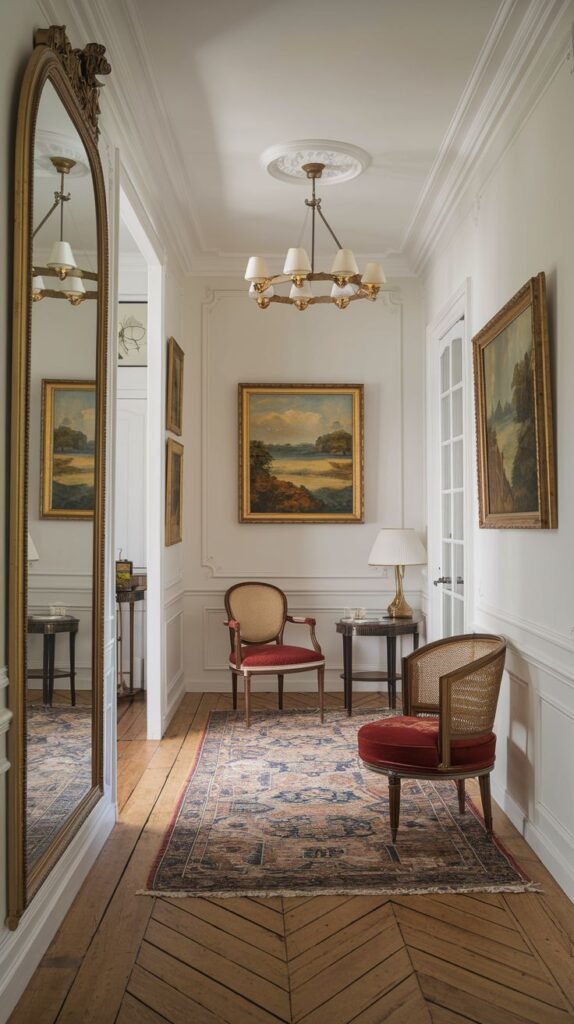 A refined french hallway with a majestic full-length gold-framed mirror, traditional wooden floors laid in a herringbone pattern, two classic armchairs, and landscape paintings adorning the walls.