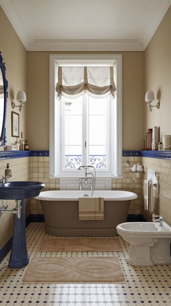 A refined french bathroom featuring a classic standalone bathtub, a distinct blue pedestal sink, a toilet, and a bidet, all set on a geometrically patterned tiled floor under a large window.