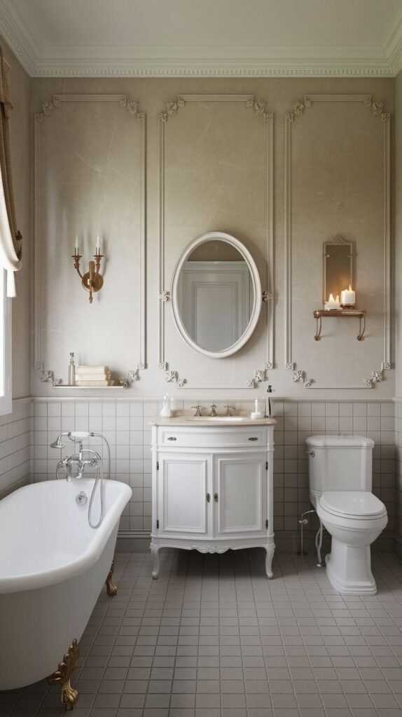 A refined french bathroom with ornate wall paneling and decorative molding, a pristine white clawfoot bathtub, a stylish white vanity with an oval mirror, and a classic toilet.