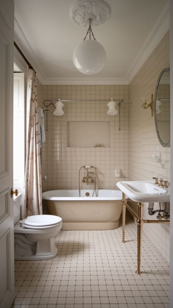A bright and refined french bathroom with light-colored tiled walls and a smaller grid-patterned floor, a standalone bathtub with overhead shower, and a white sink on brass legs.