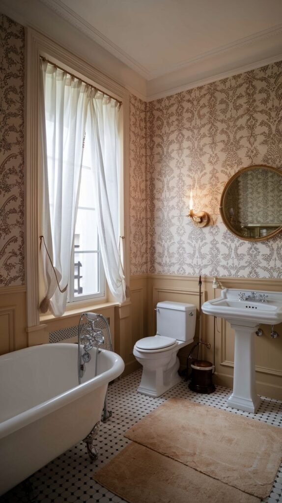 A refined french bathroom featuring patterned wallpaper, a classic white standalone bathtub, a traditional pedestal sink, a toilet, and a large window with flowing white curtains.