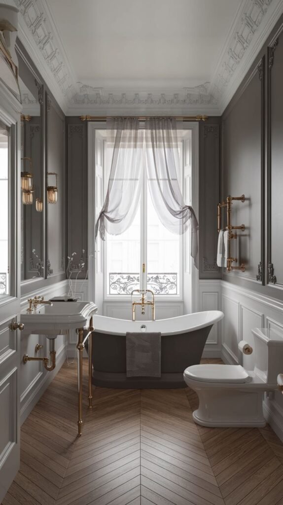A chic and refined french bathroom with dark gray walls and white wainscoting, a dark standalone bathtub, a white sink with elegant gold fixtures, and a toilet, all on a herringbone wood floor.