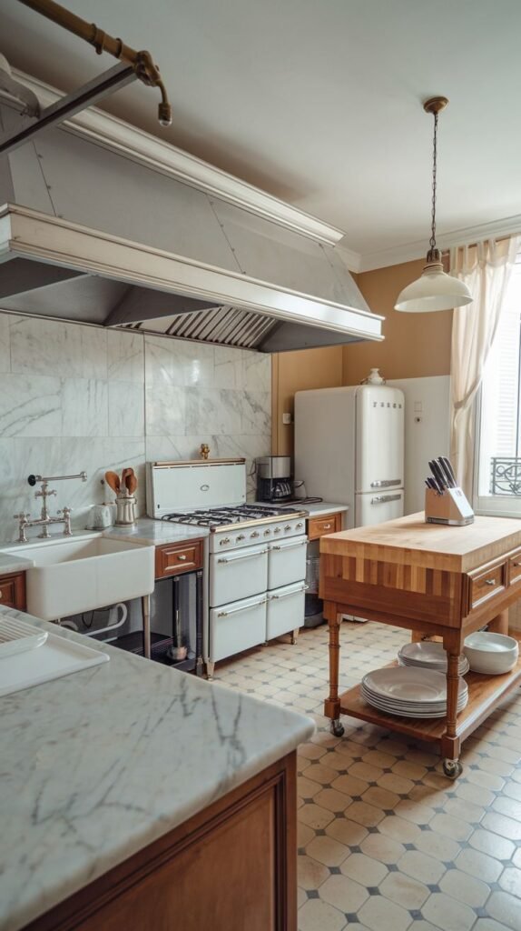 A refined french kitchen equipped with a large classic range cooker under a substantial hood, marble countertops, a farmhouse sink, a mobile wooden butcher block island, and patterned floor tiles.