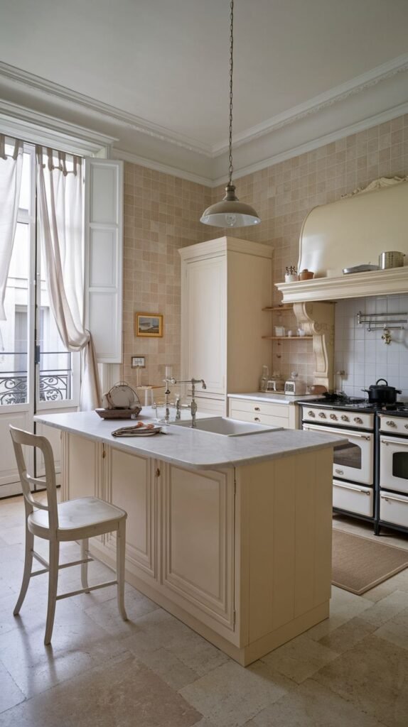 A refined french kitchen centered around a cream-colored island with an integrated sink, featuring a traditional range cooker against a tiled backsplash, and a tall window with light curtains.
