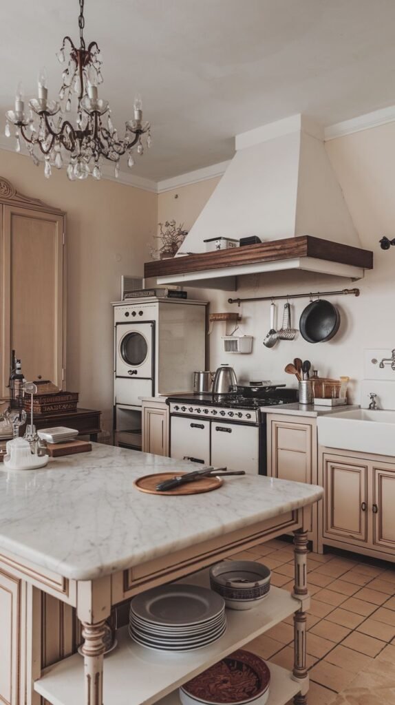 A refined french kitchen combining rustic charm with elegance, showcasing a crystal chandelier, a white marble-topped island with open shelving, a large range cooker, and a farmhouse sink.