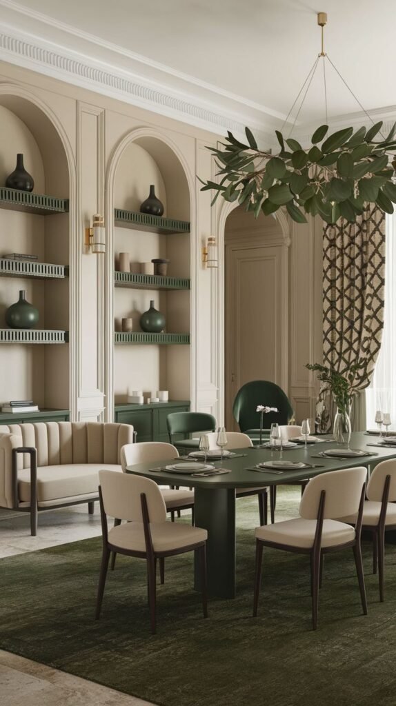 A refined french dining room designed with elegant arched built-in shelves displaying decorative vases, a long dark green dining table with light-colored chairs, and a striking chandelier adorned with green foliage.