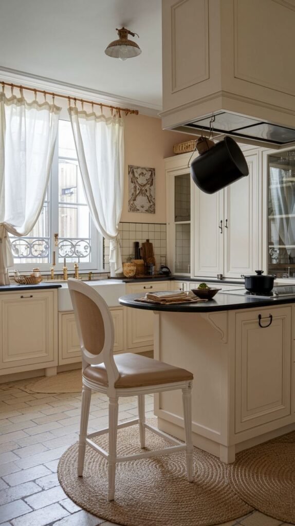 A bright and refined french kitchen with off-white cabinetry, a dark-topped kitchen island, a farmhouse sink beneath a large window with white sheer curtains, and a single bar stool on a round jute rug.