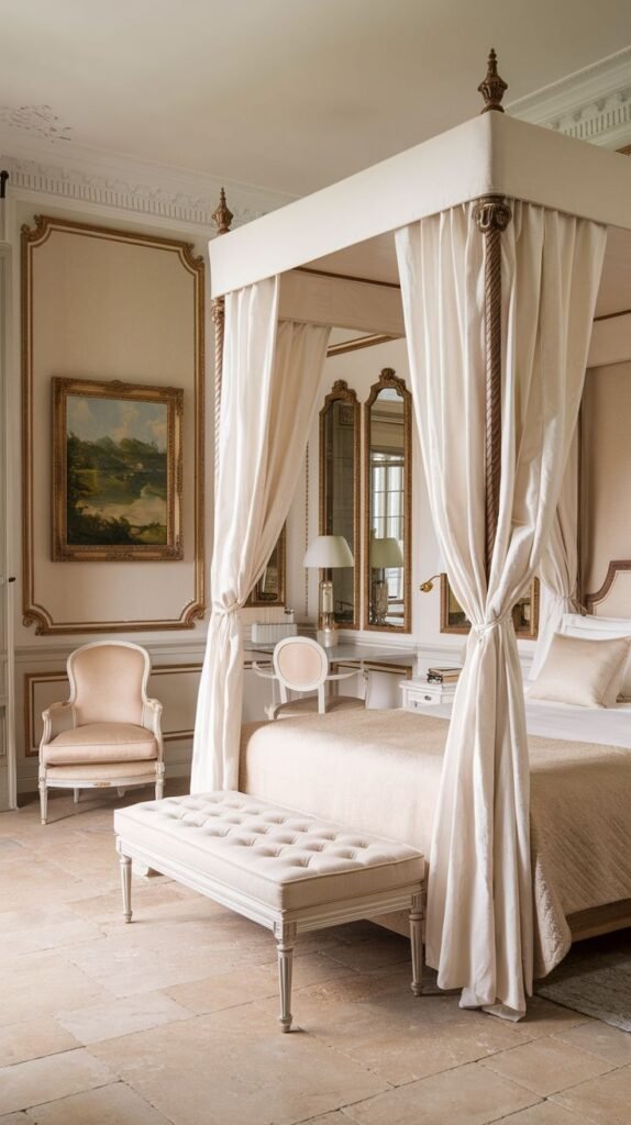 A luxurious and refined french bedroom featuring a grand four-poster bed draped in white fabric, a tufted end-of-bed bench, a classic upholstered armchair, and a dressing table with mirrors.