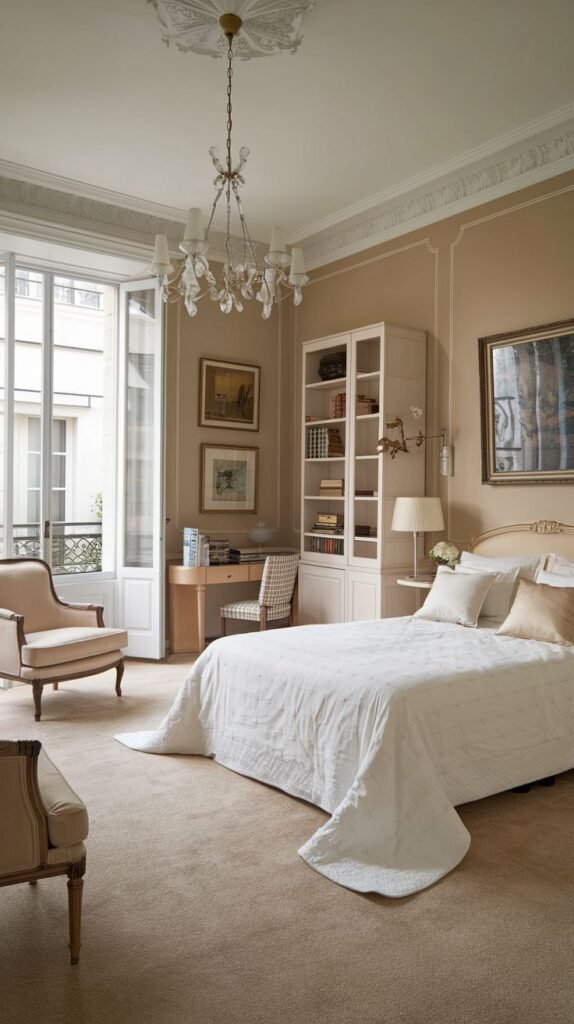 A refined french bedroom with a comfortable bed covered in a white quilted bedspread, a elegant chandelier, a white bookshelf, a desk, and a large door opening to a balcony.