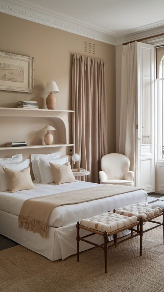 A cozy and refined french bedroom with a low-set bed and an integrated headboard shelf, neutral-toned curtains, a plush armchair, and two upholstered benches at the foot of the bed.
