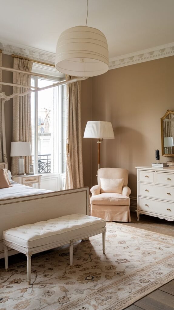 A refined french bedroom featuring a light-colored four-poster bed, a large patterned rug covering most of the floor, a comfortable upholstered armchair, and a white dresser.