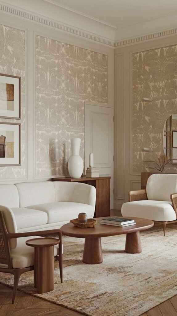 A refined french living room with a comfortable white sofa and two armchairs, a unique wooden coffee table, and a patterned rug, set against subtly textured and paneled walls.