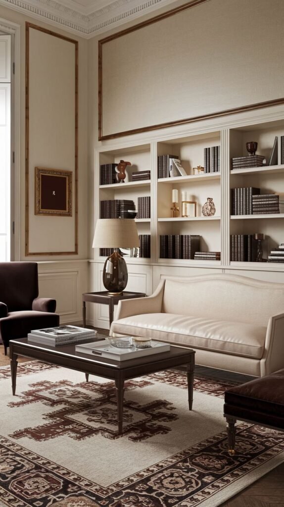 A refined french living room exuding classic elegance, with a cream-colored sofa, a dark wooden coffee table, a large built-in bookshelf filled with books, and a patterned area rug.