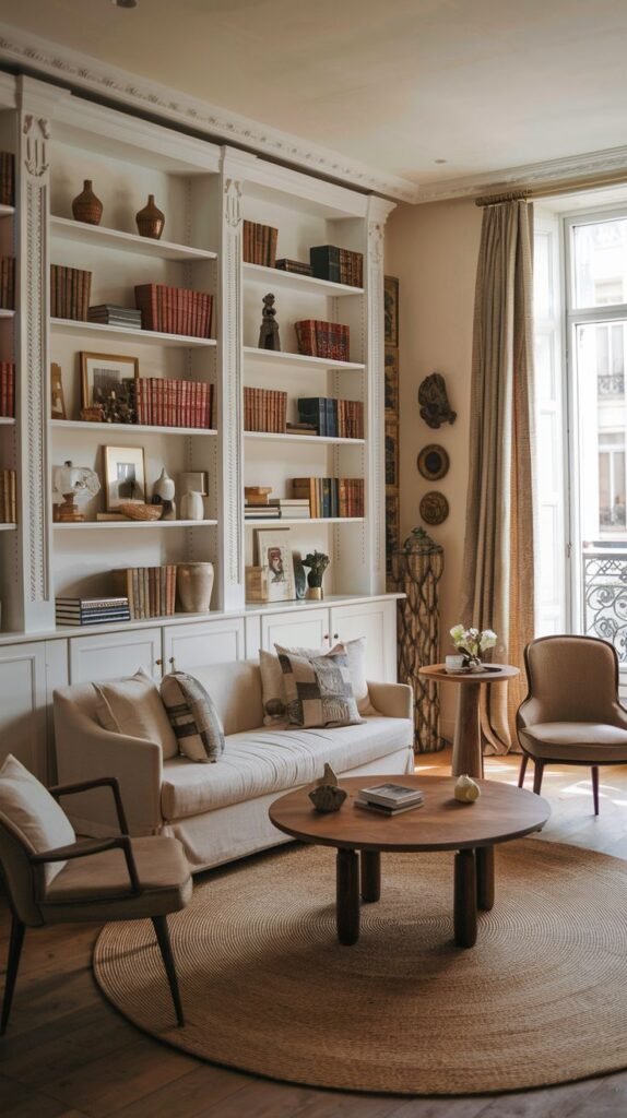 A bright and refined french living room featuring a floor-to-ceiling white built-in bookshelf, a comfortable cream-colored sofa, a round wooden coffee table, and a round jute rug.