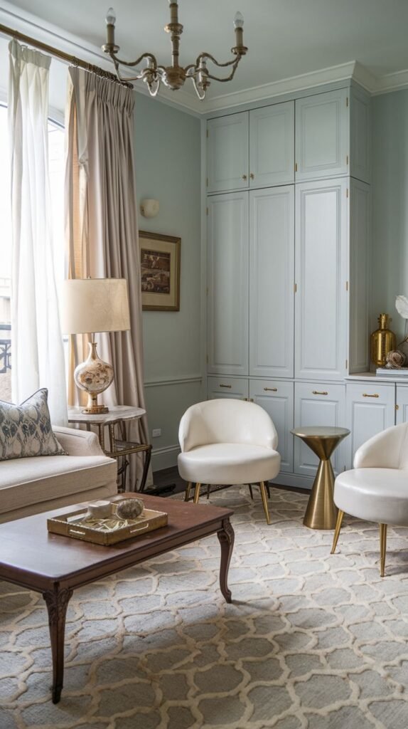 A refined french living room with striking light blue built-in cabinets, a classic cream-colored sofa, two contemporary white armchairs with gold legs, and a patterned area rug.