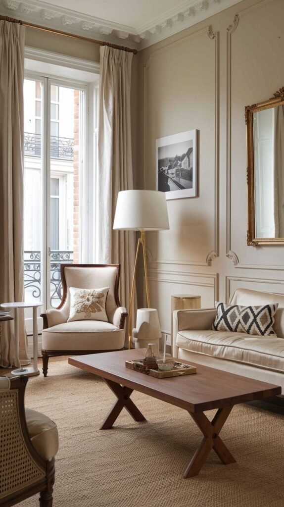 A refined french living room with elegant wall paneling, a cream sofa, a distinctive wooden x-leg coffee table, an upholstered armchair, and a tall floor lamp, with a large window.
