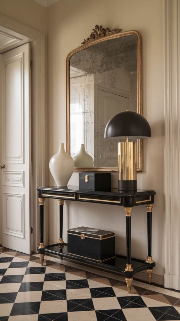 A refined french entryway showcasing a dramatic black console table with gold accents, a grand ornate mirror above it, and a classic black and white checkered floor, creating a sophisticated welcome.