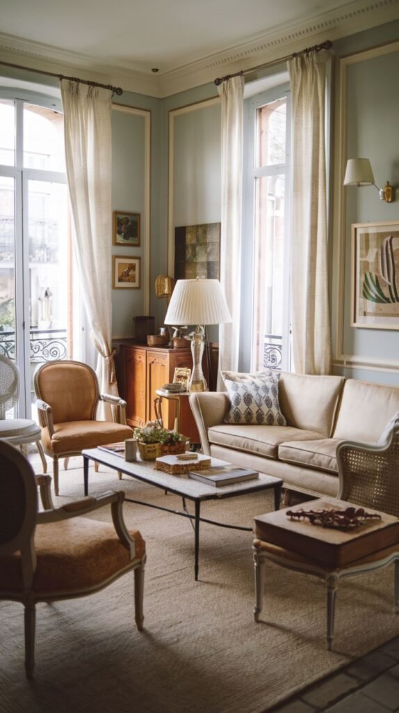 A vibrant and refined french living room with light blue walls, two large windows, a comfortable cream sofa, several classic armchairs, and a marble-topped coffee table.
