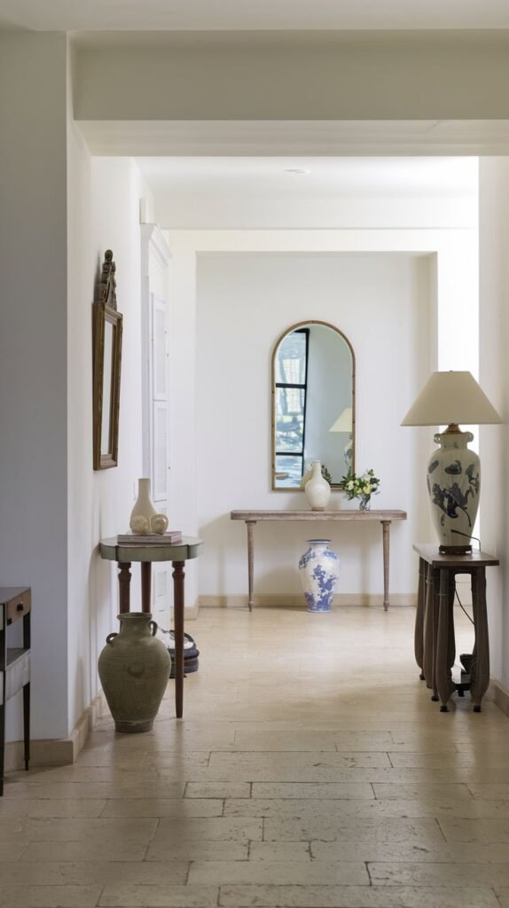 A bright and refined french hallway with light-toned stone flooring, an arched mirror reflecting the space, a console table adorned with floral arrangements and vases, and a large patterned lamp on a side table.