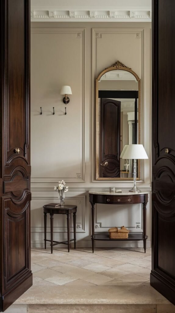 A classic and refined french entryway with tall, dark wooden doors, elegant light-colored wall paneling, a large gold-framed mirror, and a traditional console table paired with a smaller side table.