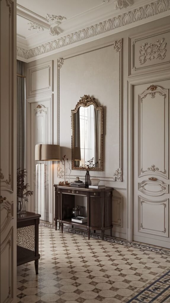 A refined french hallway featuring intricate wall molding and ceiling details, a patterned floor, an ornate gold-framed mirror, and a dark wooden console table styled with books and decor.